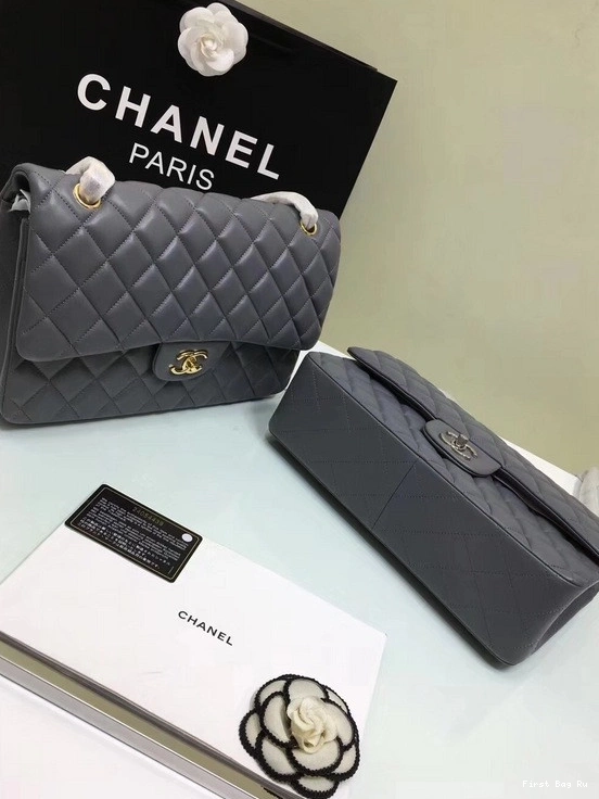 Firstbag Ru Size With CHANEL Lambskin Bag Leather Flap 1112 Silver Grey 30cm Hardware Large Gold 0806